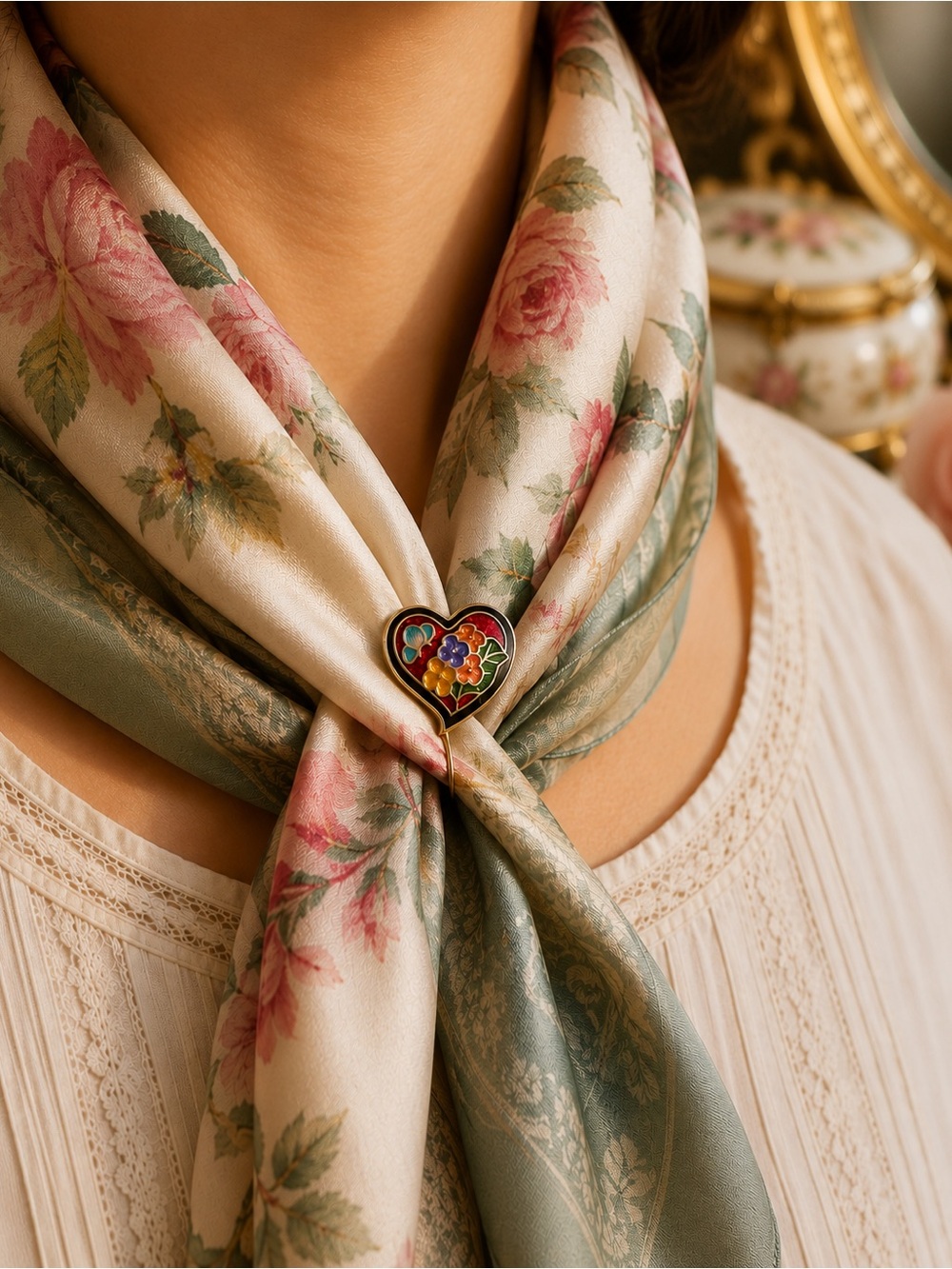 Estate Multicolor Floral Heart Brooch - Gold Tone